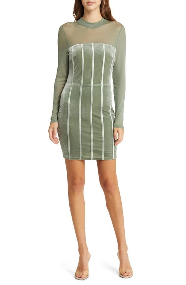 bebe Long Sleeve Mesh & Velvet Cocktail Minidress Green at Nordstrom,