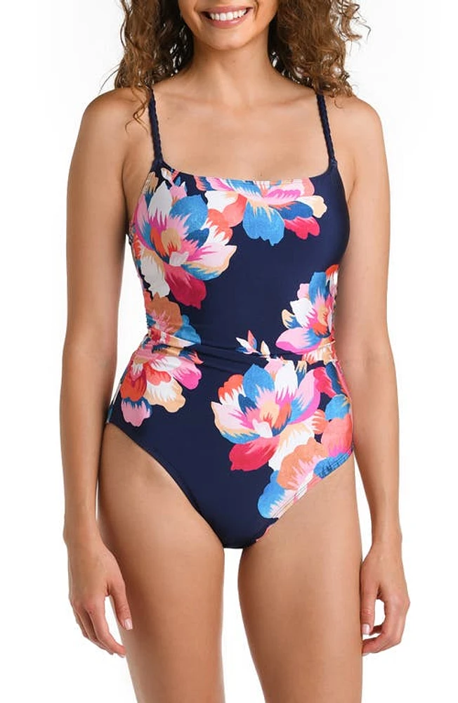 La Blanca Lingerie Floral Print Braided Strap One-Piece Swimsuit Indigo at Nordstrom,