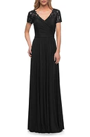 La Femme Floral Embroidered Sheath Gown Black at Nordstrom,