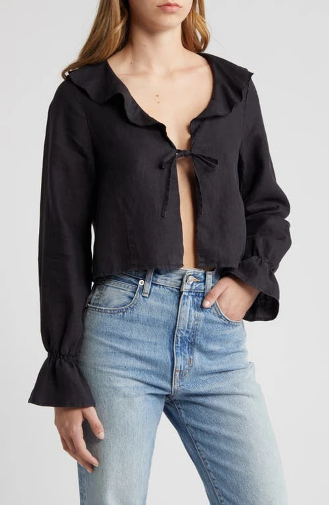 Nation LTD Camila Ruffle Tie Front Linen Top Jet Black at Nordstrom,