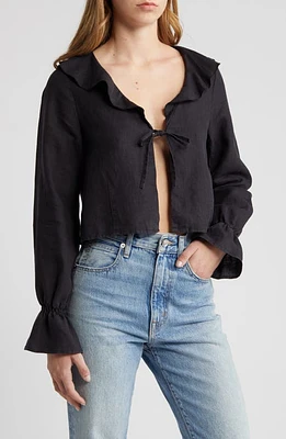 Nation LTD Camila Ruffle Tie Front Linen Top Jet Black at Nordstrom,