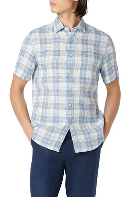 Bugatchi Orson Shaped Fit Short Sleeve Linen Button-Up Shirt Classic Blue at Nordstrom,