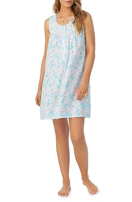 Eileen West Ruffle Lace Trim Floral Cotton Chemise Aqua Flwh at Nordstrom,