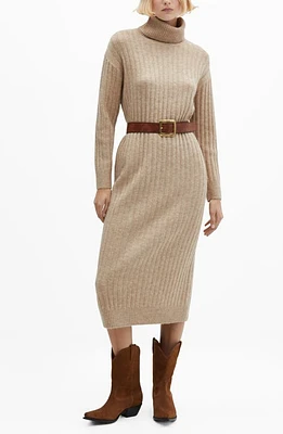 MANGO Turtleneck Long Sleeve Rib Midi Sweater Dress Light/Pastel Grey at Nordstrom,