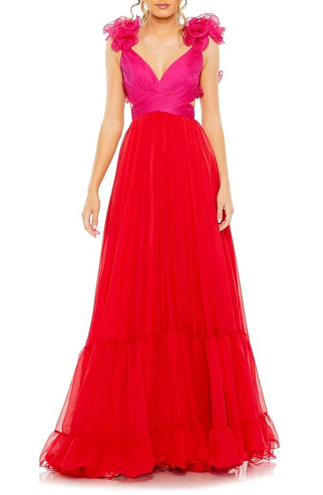 Mac Duggal Ruffle Detail Open Back Tiered Gown Red Pink at Nordstrom,