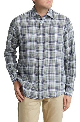 Peter Millar Polperro Plaid Flex Finish Linen Button-Up Shirt Herb at Nordstrom,