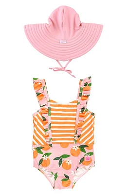 RuffleButts Orange Pinafore One-Piece Swimsuit & Hat Set at Nordstrom, Size 6-12 M