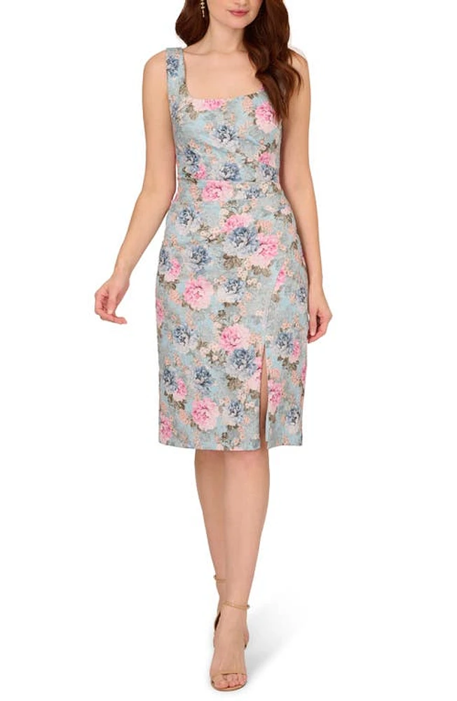 Adrianna Papell Metallic Floral Matelassé Sheath Dress Blue Multi at Nordstrom,