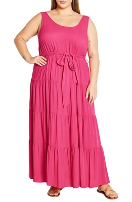 City Chic Sasha Tie Waist Sleeveless Tiered Maxi Dress in Fuschia at Nordstrom