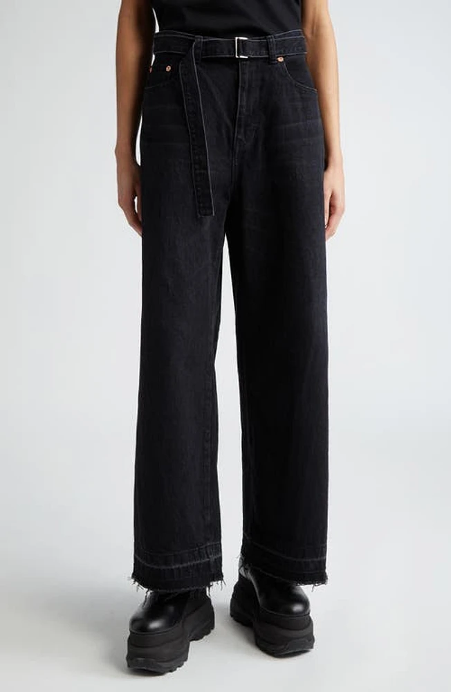 Sacai Belted Release Hem Wide Leg Jeans Black at Nordstrom,