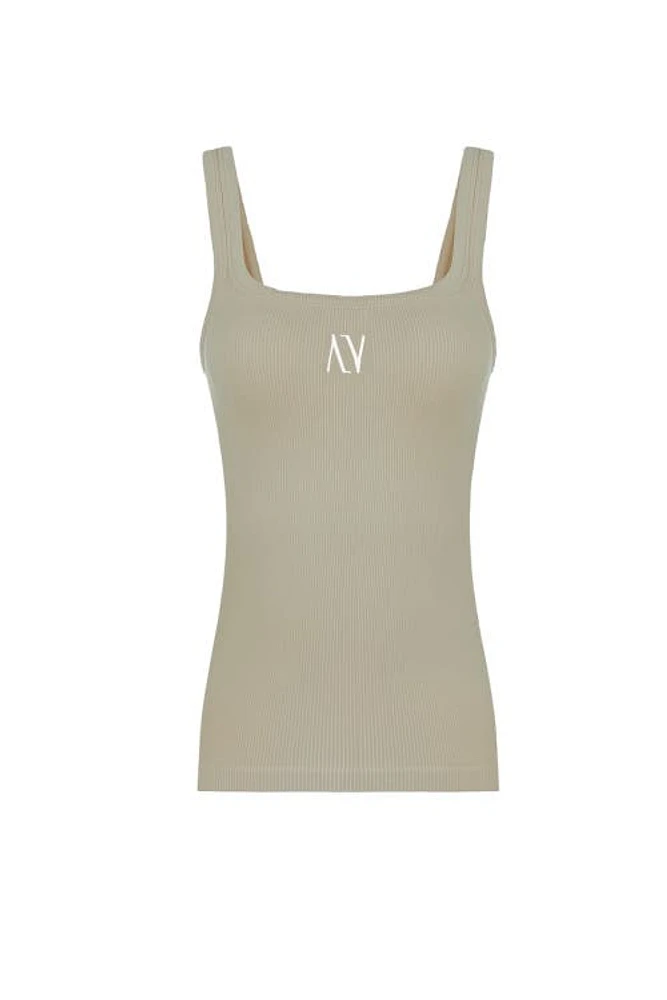 Nocturne Ribbed Wide Strap Top in Beige at Nordstrom