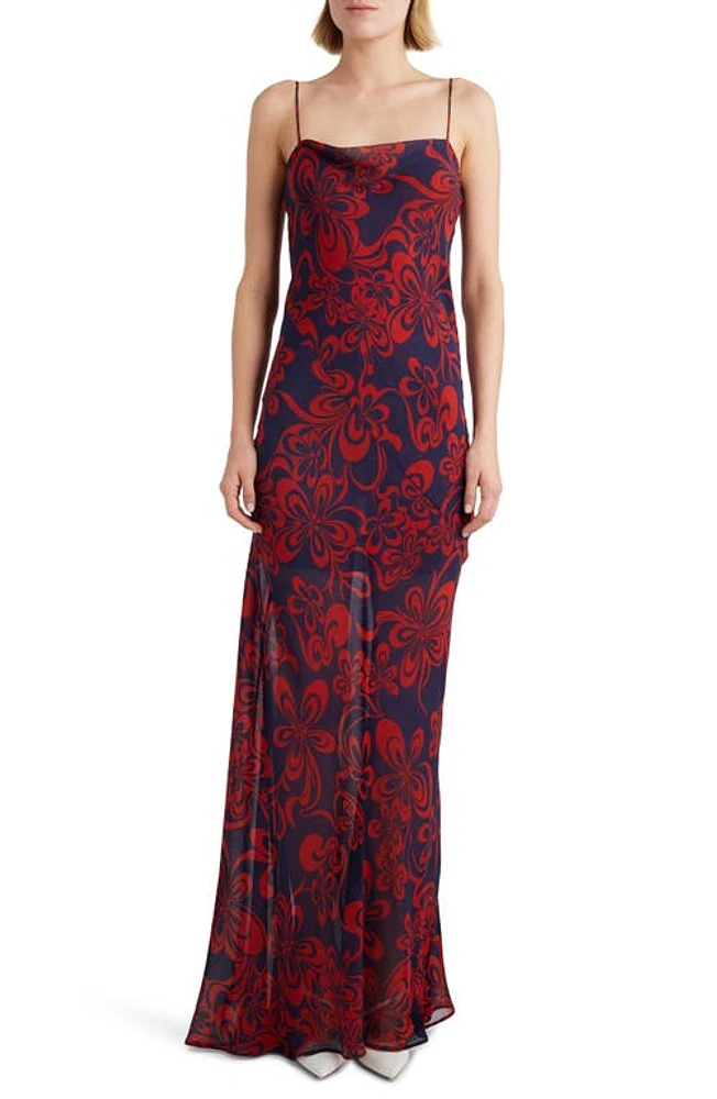 Dries Van Noten Print Cowl Neck Silk Gown Navy at Nordstrom, Us