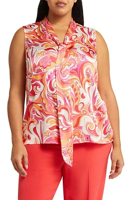 Tahari ASL Swirl Print Sleeveless Tie Neck Top Pink at Nordstrom,