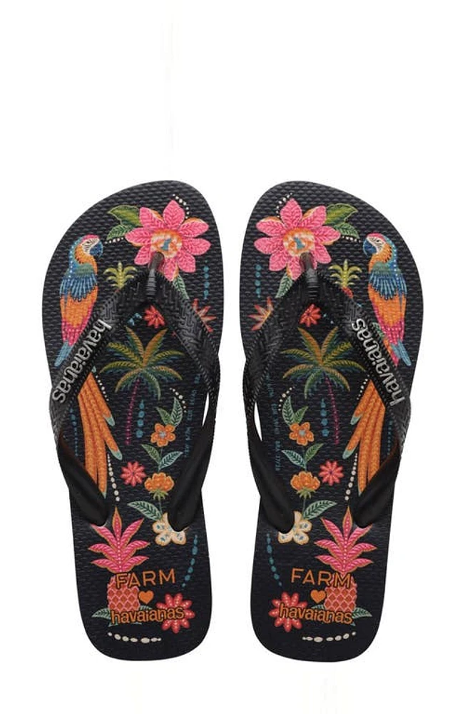 Havaianas x Farm Rio Print Footbed Flip Flop Black Parrots at Nordstrom,