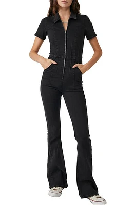 Free People Jayde Denim Flared Jumpsuit Black Mamba at Nordstrom,