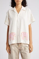 Bode Tiny Zoo Short Sleeve Cotton Button-Up Shirt in Pink White at Nordstrom, Size Small