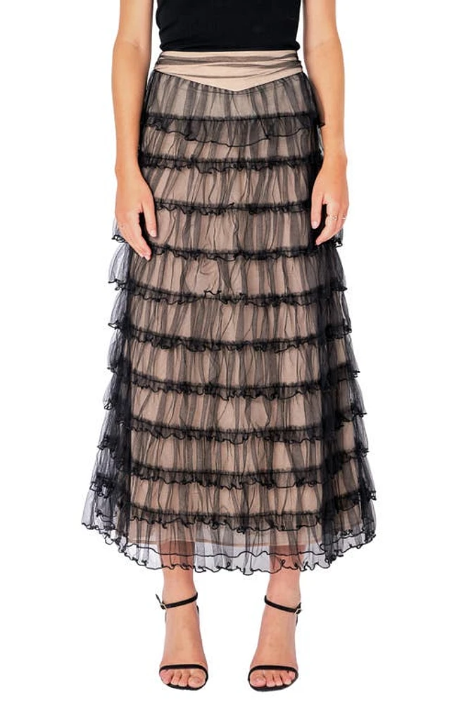 Endless Rose Tiered Tulle Midi Skirt Black/Nude at Nordstrom,