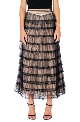 Endless Rose Tiered Tulle Midi Skirt Black/Nude at Nordstrom,