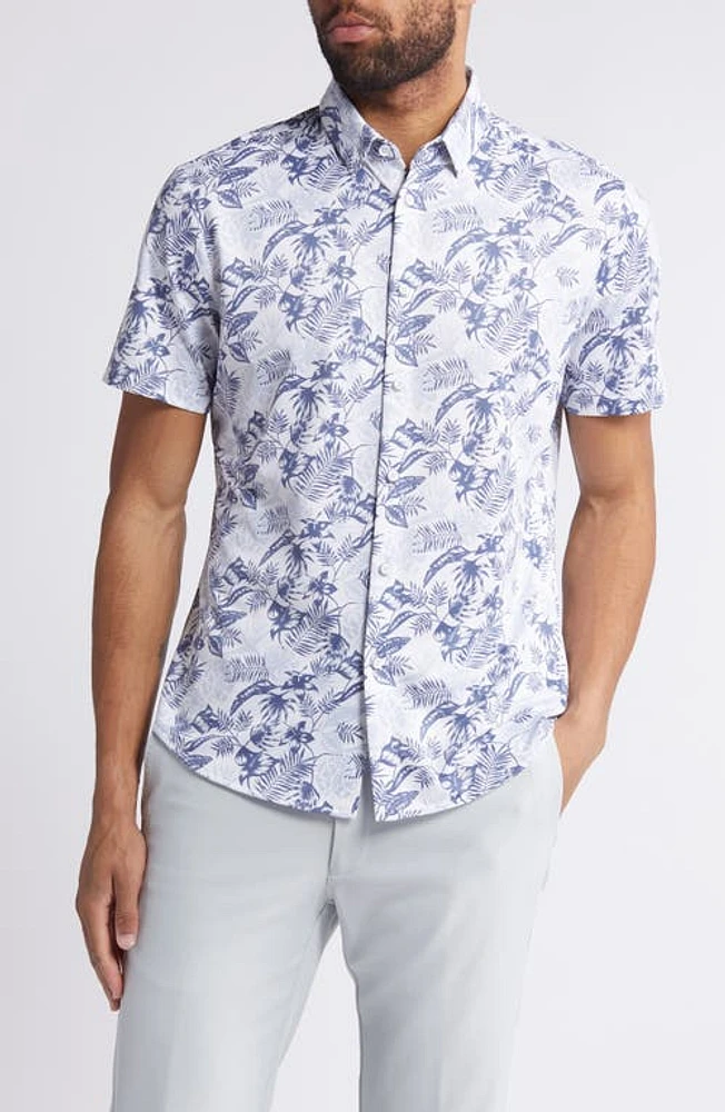 Mizzen+Main Halyard Trim Fit Print Short Sleeve Performance Knit Button-Up Shirt White Palm at Nordstrom,