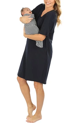 Angel Maternity Mama Hospital Maternity/Nursing Nightgown with Bonus Baby Pouch Navy at Nordstrom,