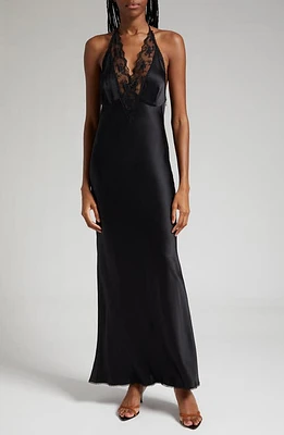 SIR Aries Lace Trim Halter Silk Gown in Black at Nordstrom, Size 4