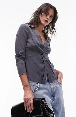 Topshop Twist Front Crinkle Shirt Charcoal at Nordstrom, Us