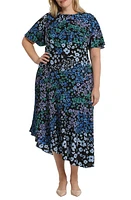 Maggy London Print Flutter Sleeve Asymmetric Midi Dress Black/Blue at Nordstrom,