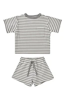 QUINCY MAE Boxy Pocket T-Shirt & Shorts Organic Cotton Set Lagoon-Stripe at Nordstrom,