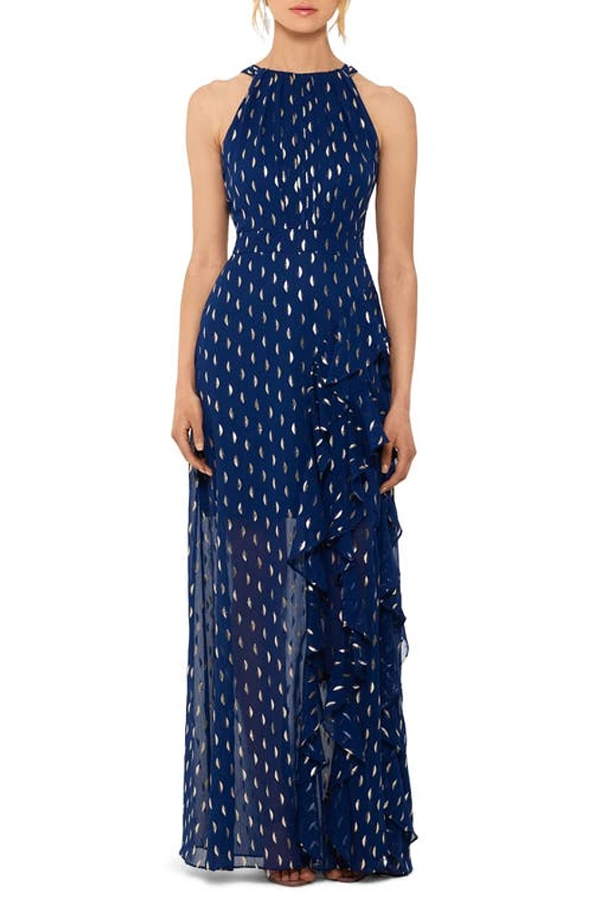 Betsy & Adam Metallic Clip Dot Ruffle Halter Neck Chiffon Gown Light Navy/Gold at Nordstrom,