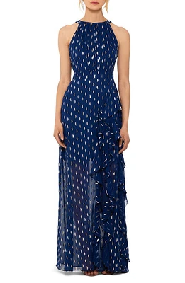 Betsy & Adam Metallic Clip Dot Ruffle Halter Neck Chiffon Gown Light Navy/Gold at Nordstrom,