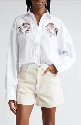 Stella McCartney Cornelli Floral Embroidered Cutout Oversize Cotton Button-Up Shirt Pure White at Nordstrom, Us