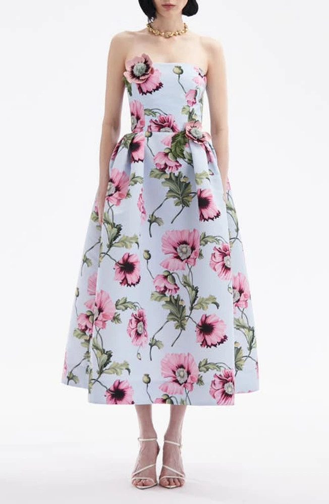 Oscar de la Renta Poppies Strapless Cocktail Midi Dress Light Blue/Pink at Nordstrom,