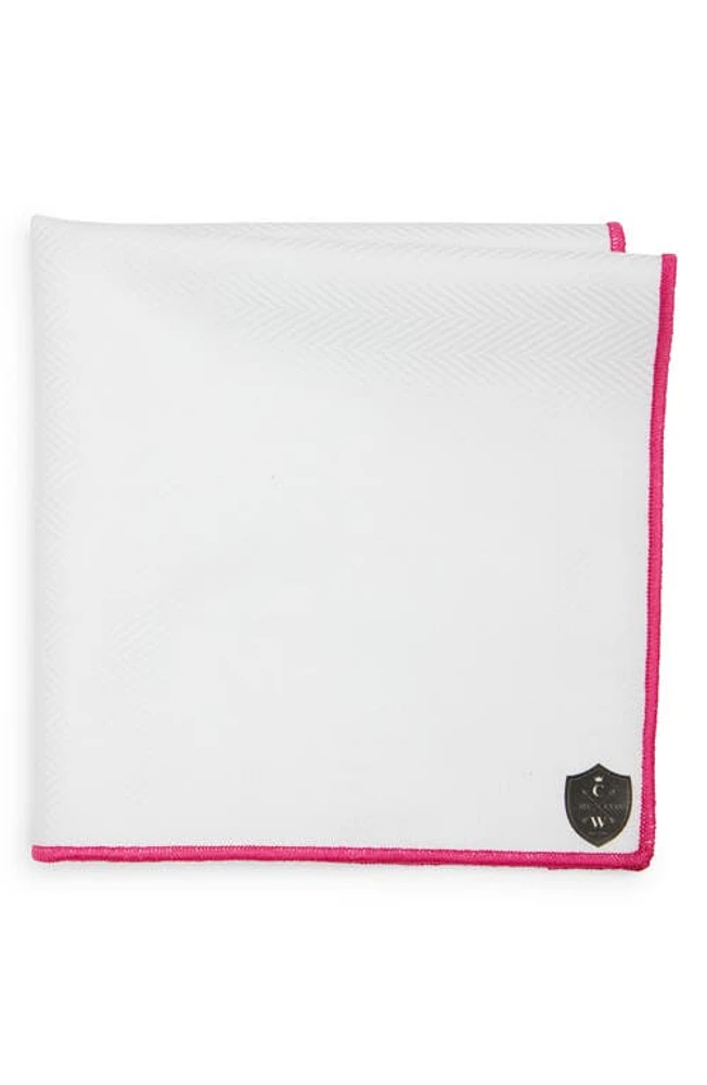 CLIFTON WILSON White Cotton Herringbone Pocket Square with Fuchsia Trim at Nordstrom