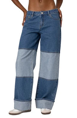 EDIKTED Lindsey Cuffed Two-Tone Wide Leg Jeans S Blue at Nordstrom,