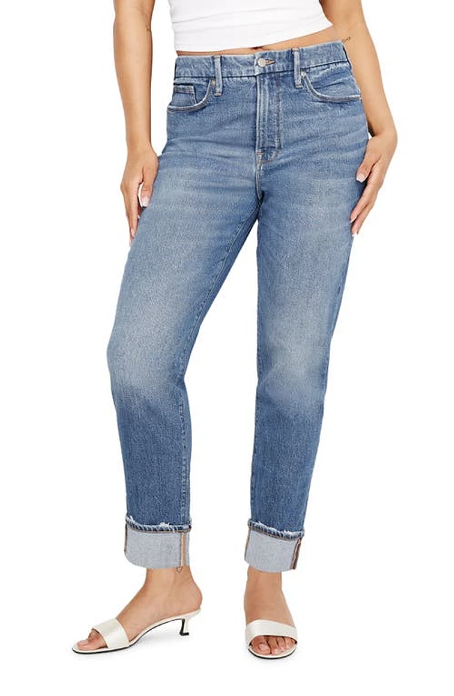 Good American High Waist Cuff Straight Leg Jeans Indigo711 at Nordstrom,