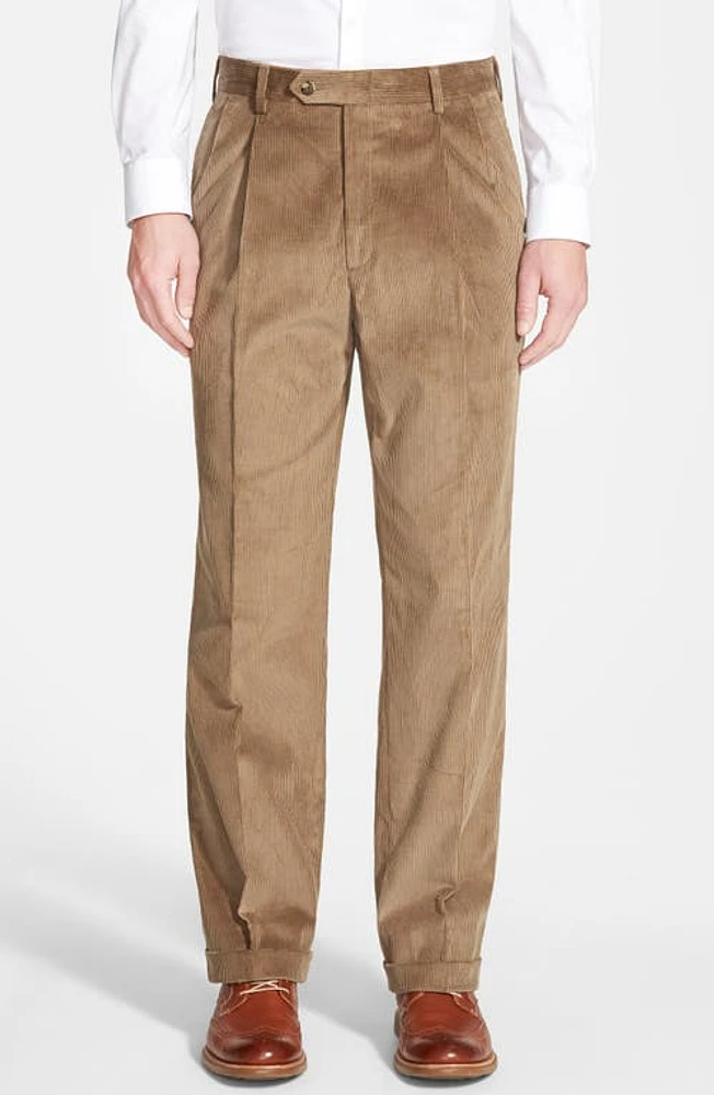 Berle Italian 8-Wale Luxury Corduroy Pleated Trousers Tan at Nordstrom,