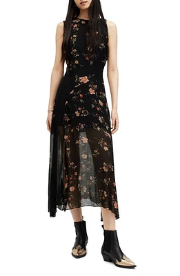 AllSaints Jules Tanana Floral Chiffon Midi Dress in Black at Nordstrom, Size 6 Us