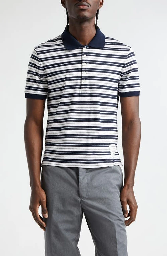 Thom Browne Stripe Stretch Linen Polo Navy at Nordstrom,