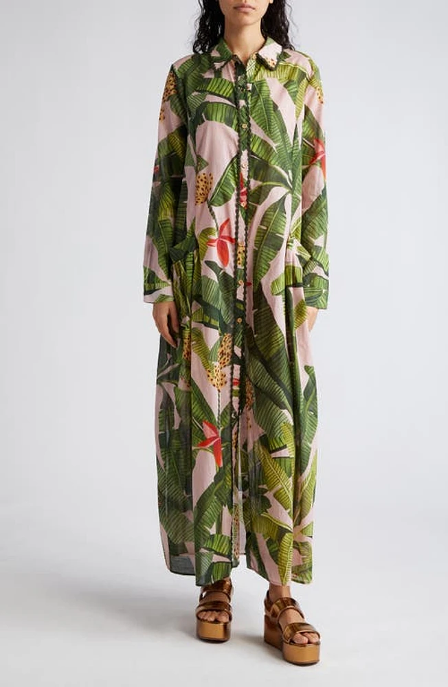 FARM Rio Banana Leaves Cotton Cover-Up Maxi Shirtdress Pink at Nordstrom,