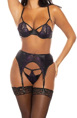 Oh La Cheri Demi Cutout Underwire Bra, G-String & Garter Belt Set Black/Heliotrope at Nordstrom,