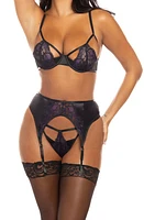 Oh La Cheri Demi Cutout Underwire Bra, G-String & Garter Belt Set Black/Heliotrope at Nordstrom,