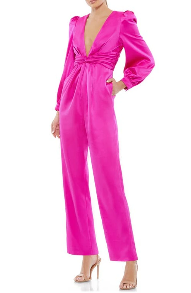 Mac Duggal Plunge Neck Long Sleeve Satin Jumpsuit at Nordstrom,