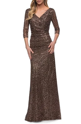 La Femme Ruched Sequin Gown Bronze at Nordstrom,