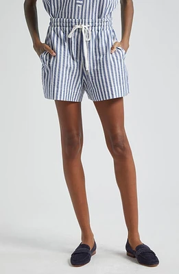 Veronica Beard Tijana Stripe Stretch Cotton Drawstring Shorts Blue/White at Nordstrom,