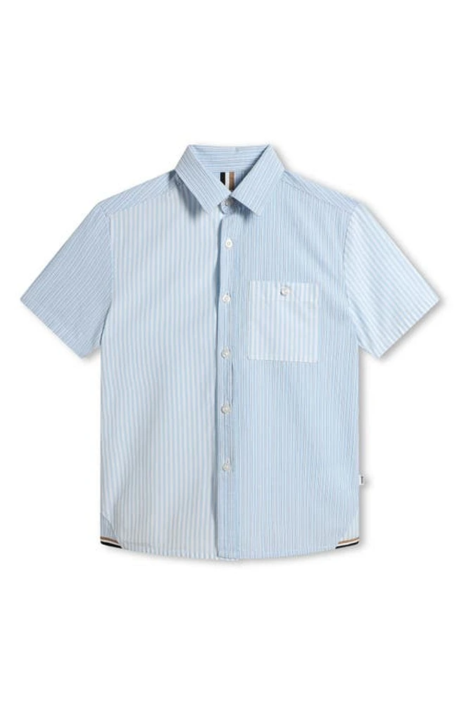 BOSS Kidswear Kids' Mix Stripe Short Sleeve Cotton Button-Up Shirt Blue/White at Nordstrom, Y