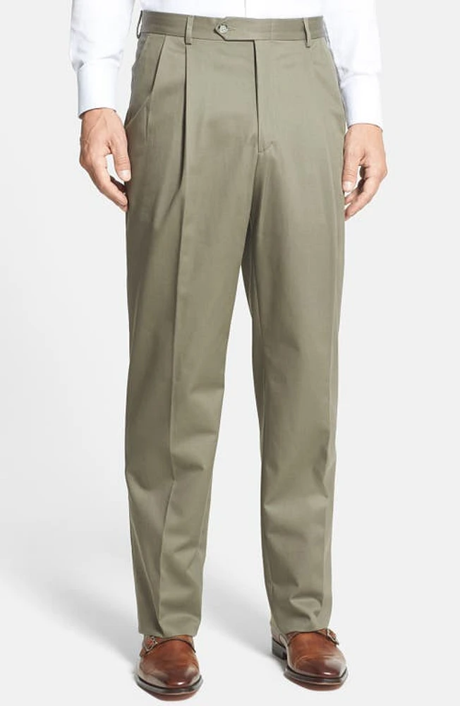 Berle Pleated Classic Fit Cotton Dress Pants Olive at Nordstrom, X Unhemmed