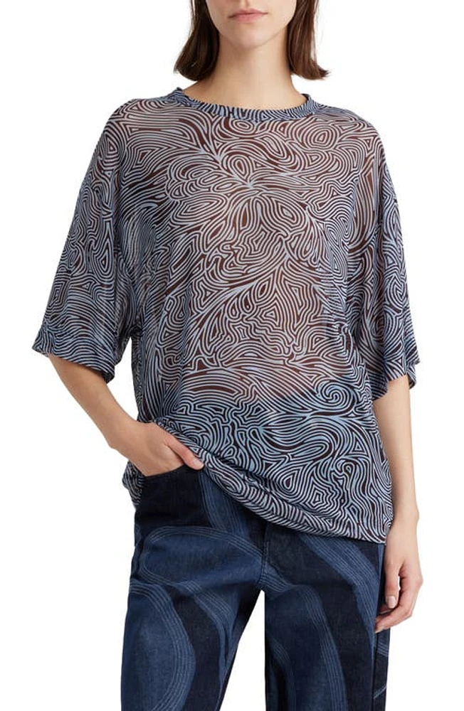 Dries Van Noten Abstract Print Sheer Mesh Top Dark Brown 704 at Nordstrom,