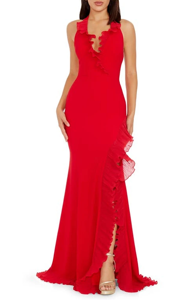 Dress the Population Kathleen Ruffle Halter Gown with Train Rouge at Nordstrom,