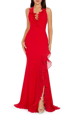 Dress the Population Kathleen Ruffle Halter Gown with Train Rouge at Nordstrom,