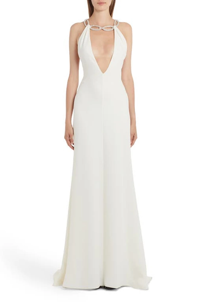 Valentino Garavani Crystal Strap Plunge Neck Silk Gown in U48-Avorio/Silver at Nordstrom, Size 8 Us